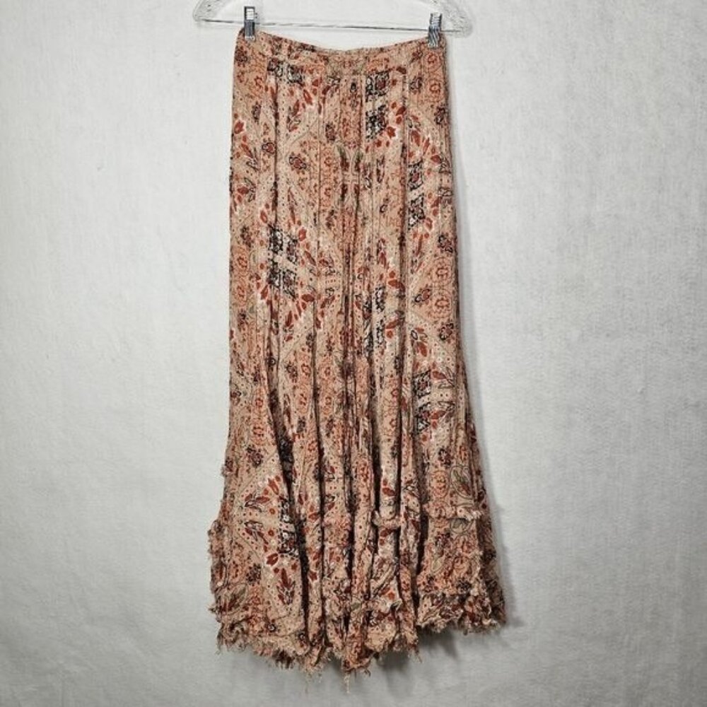 Free People One Floral Crepe Tiered Fringe High Waisted Maxi Skirt XS
